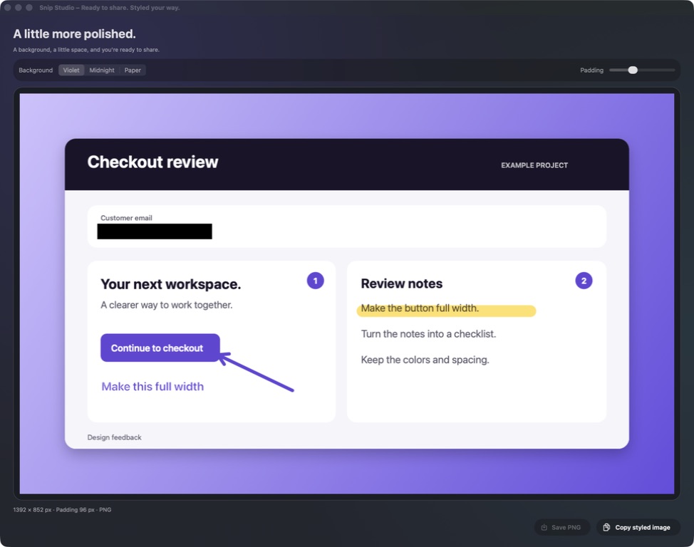 Dark Snip Studio showing the checkout example on a Violet background