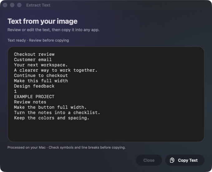 Dark Extract Text window with Apple Vision OCR results ready to review