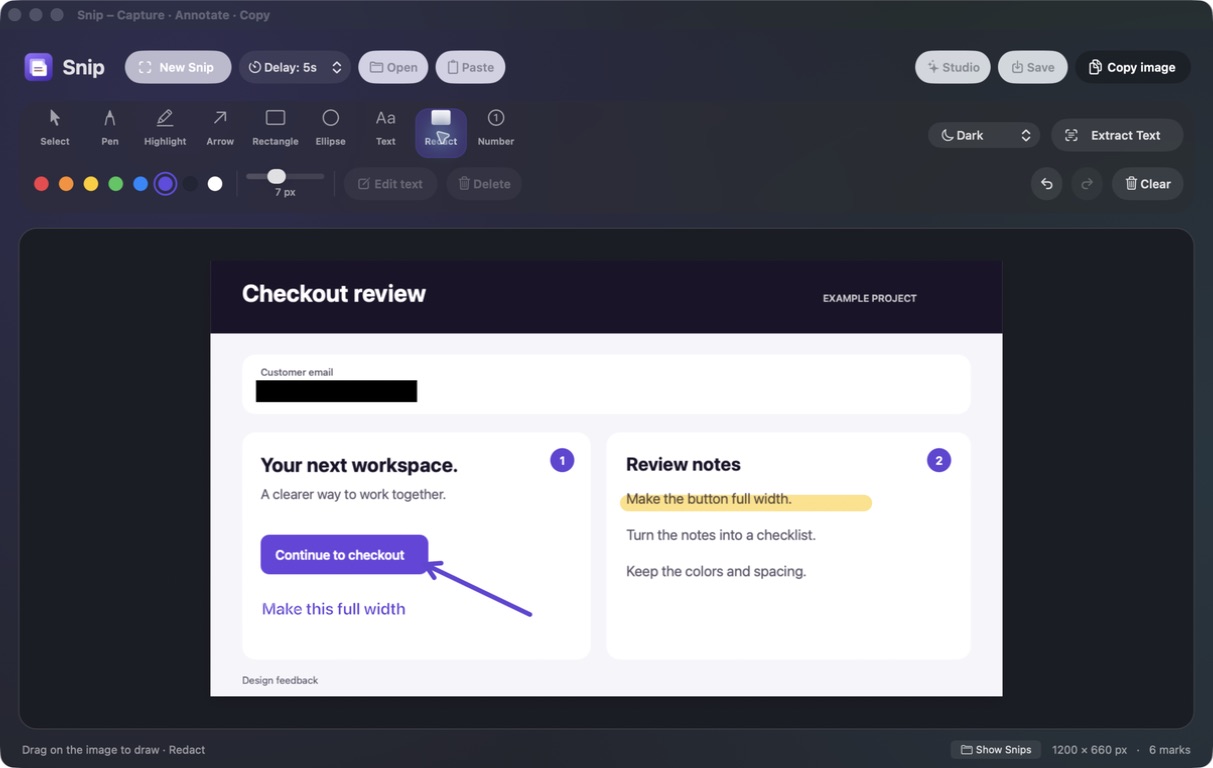 Dark Snip editor with the Redact tool selected and customer email covered